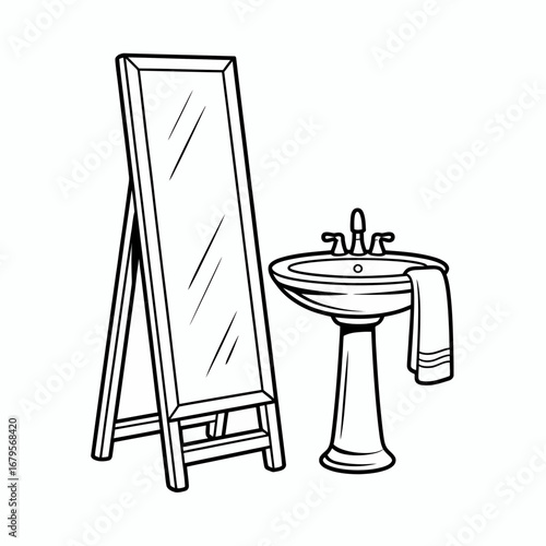 Minimalist Bathroom Illustration featuring a Freestanding Mirror and Pedestal Sink in Clean Black and White Outline Style Great for Coloring Books