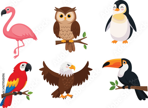 Cartoon bird collection illustration, flamingo, owl, penguin, parrot, eagle, toucan, exotic and wild birds set, cute animal vector design