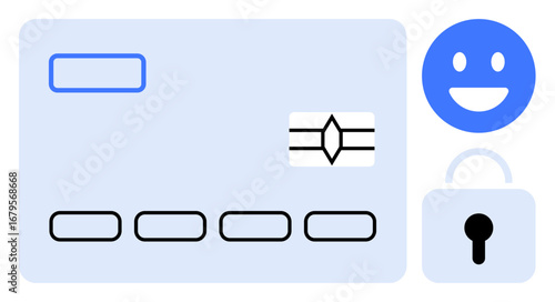 Credit card with chip, happy face, and padlock icon suggesting online security, trust, and satisfaction. Ideal for payment gateway, privacy, e-commerce, finance trust fraud prevention simple