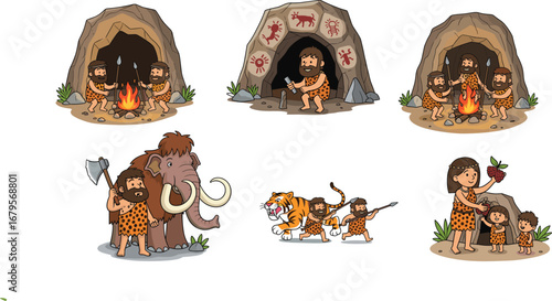 Cartoon prehistoric caveman family illustration with cave painting, fire, mammoth, tiger hunting, stone age lifestyle, tribal survival, ancient history concept design vector