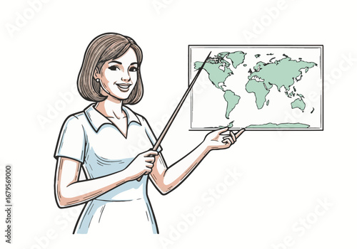 Smiling female teacher illustrating world geography with a pointer and map. Engaging educational lesson asset for World Teacher's Day.