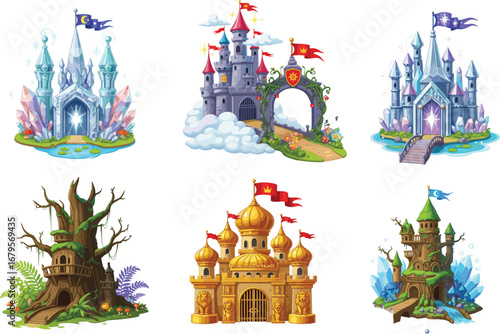 WFantasy castles vector illustration with magical ice palace, golden fortress, tree house, fairy tale kingdom, medieval castle design for children story, game artwork