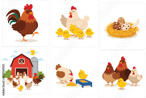Farm animals vector set, hen, rooster, chicks, eggs in nest, barnyard scene illustration for kids, educational and cartoon poultry design