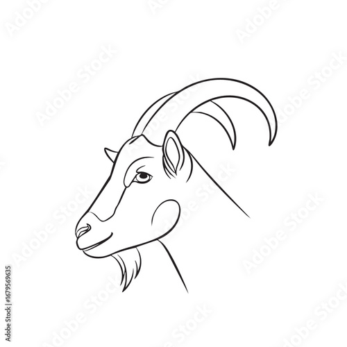 Minimalist Vector Illustration of a Goat Head with Curved Horns in Modern Style