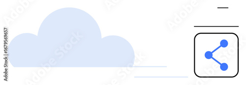 Blue cloud with motion lines next to a share button. Ideal for technology, cloud storage, data transfer, connectivity, file sharing, online collaboration, simple landing page