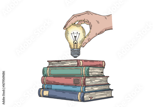 Hand placing an illuminating light bulb on a stack of vintage books, representing education, knowledge, creative ideas, and learning for World Teacher's Day assets.