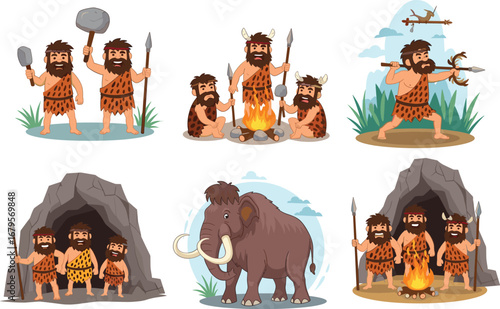 Prehistoric caveman illustration with stone age people, hunting spears, campfire, mammoth, cave shelter, tribal lifestyle, cartoon history characters, ancient survival concept design