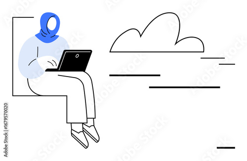 Woman in blue hijab working on a laptop with a cloud symbolizing remote work, digital connection, and global accessibility. Ideal for technology, freelancing, cloud computing, e-learning, career