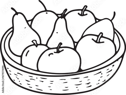 Black and White Illustration of Fruit Basket with Pears and Apples Fresh Harvest Delicious Food Outlines