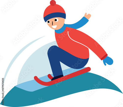 Cartoon snowboarder riding down a snowy hill on a winter day on white background