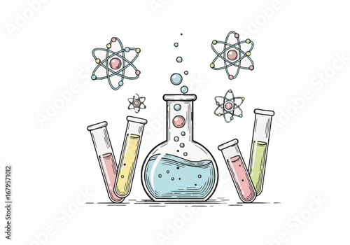 Educational chemistry illustration: Flask, test tubes, and atoms for science learning, great for World Teacher's Day.