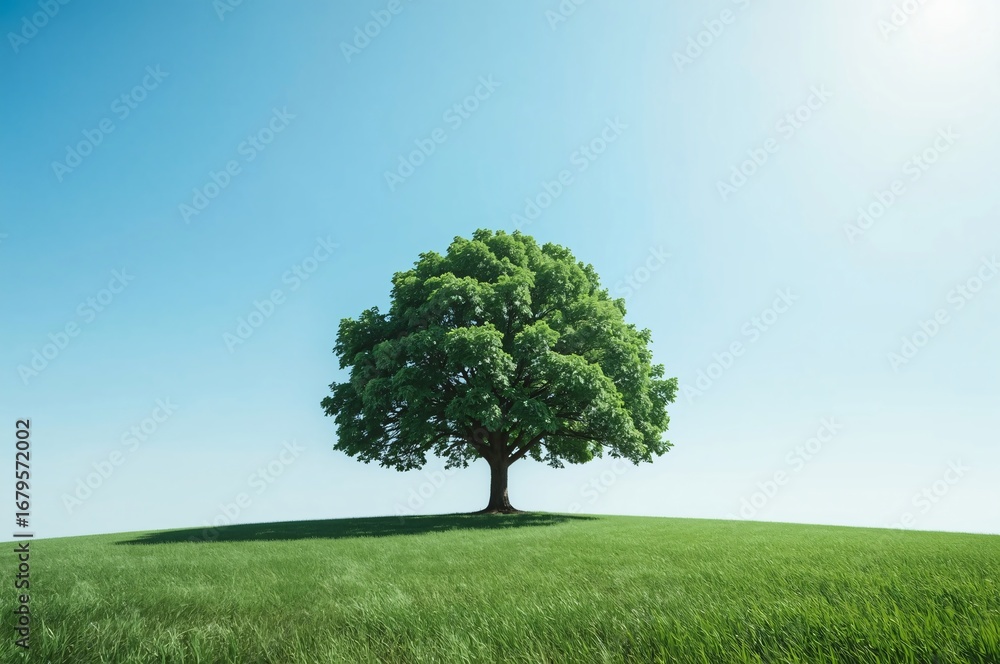 Fototapeta premium Lone tree, green field, clear sky, idyllic landscape, nature