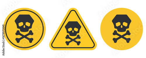 Yellow danger triangle and circle with black skull and crossbones symbol. Toxic hazard warning sign illustration. Poison caution icon for safety, chemical risk, alert, health danger, contamination