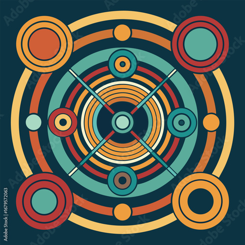 Abstract geometric pattern featuring repeating circles and lines in a vibrant color palette