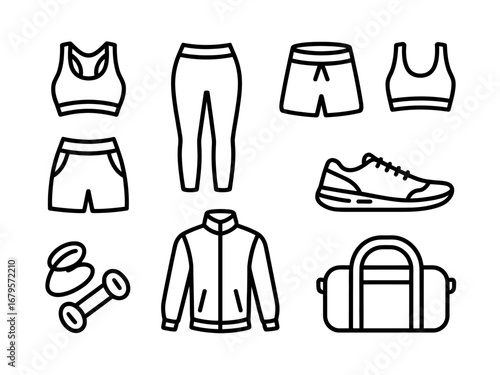 Workout Clothes and Accessories Icon Set for Fitness Enthusiasts in a Minimalist Line Style Design Representing a Healthy Lifestyle