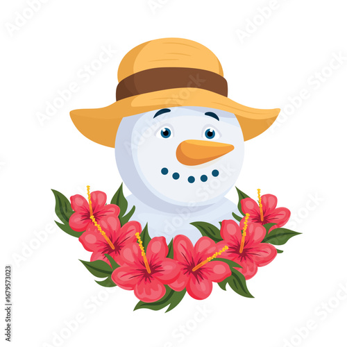 Snowman in a straw hat and hibiscus flowers around, Hawaiian Christmas. Flat vector clipart, illustration with isolated background.