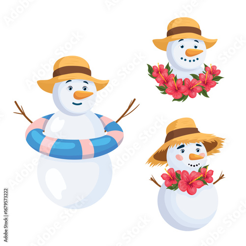 Snowman, Hawaiian Christmas. Flat vector clipart, illustration with isolated background.