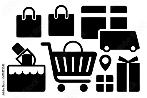 E-Commerce Icons Set – Black Silhouette Vector on White Background