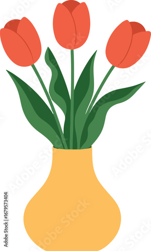 Orange tulips in yellow vase flat illustration flower