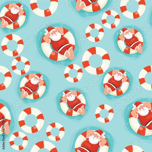 Santa relaxing in an inner tube on the sea seamless pattern. Flat vector clipart, illustration with isolated background.