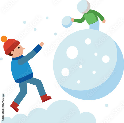 Children Playing in the Snow Rolling a Giant Snowball Together on white background