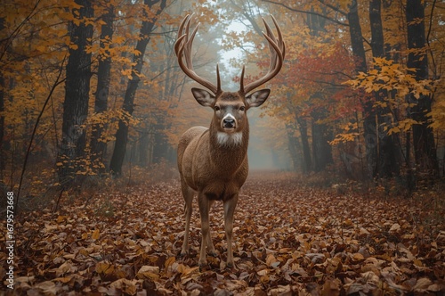 Majestic buck, autumn forest path, foggy morning, nature calendar