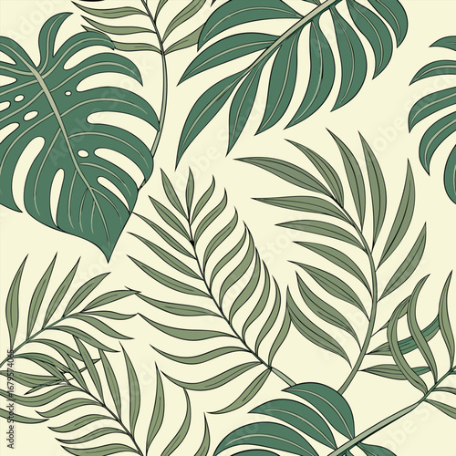 Tropical seamless pattern featuring stylized palm leaves in a vibrant repeating design