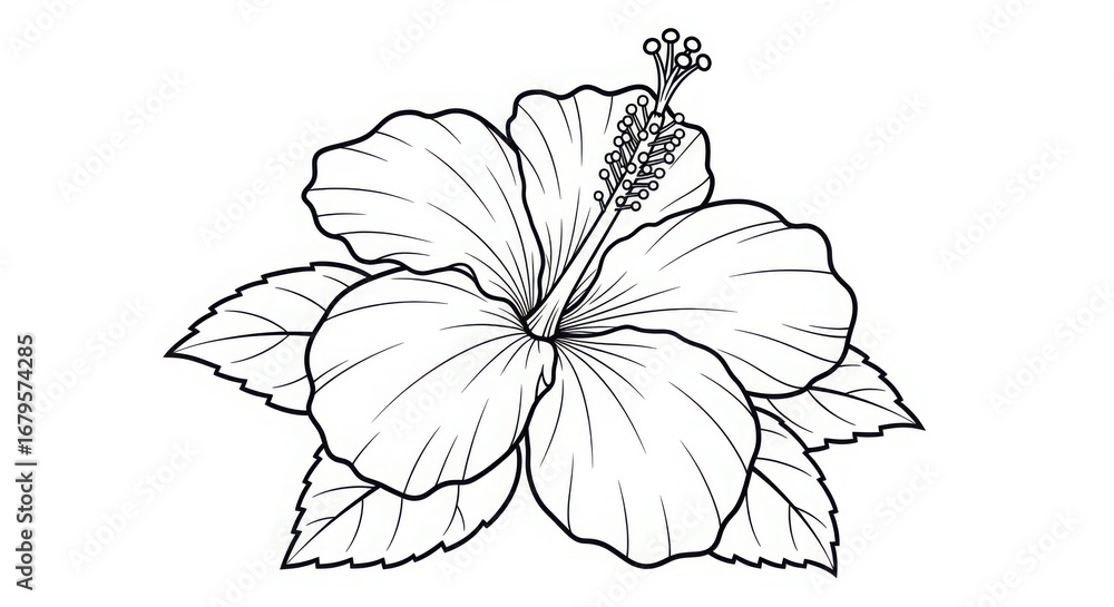 Fototapeta premium Detailed black and white line art drawing of a blooming hibiscus flower with leaves perfect for coloring pages or botanical art projects