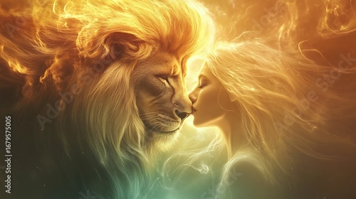 Leo and Virgo forming a unique cosmic bond, with golden lion energy blending into a soft, ethereal maiden glow. 