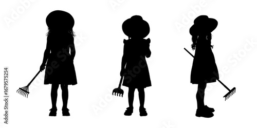 Little girls with hats and rakes silhouette set - vector illustration