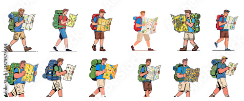 A set of Flat 2D vector illustration of a male backpacker holding a map while walking, with facial detail. Isolated on white background