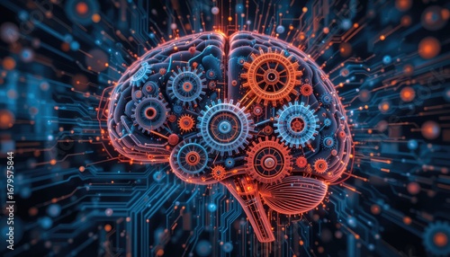 An algorithm represented as gears turning inside a brain