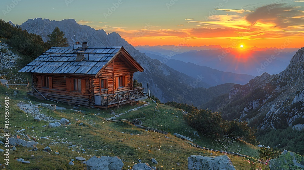 Fototapeta premium A cozy cabin nestled in the mountains basks in the warm glow of sunset