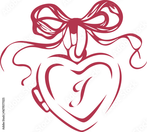 Whimsical heart locket wedding illustration. Vintage line art heart locket. Heart shaped locket with ribbons. Black and white drawing of a heart shaped locket pendant with decorative ribbon