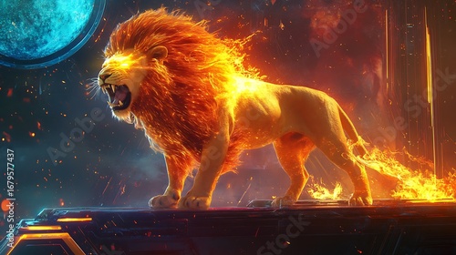 Leo’s lion roaring with a fiery mane of holographic flames, standing on a futuristic platform. 