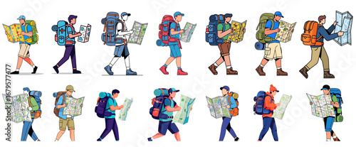 A set of Flat 2D vector illustration of a male backpacker holding a map while walking without facial detail. Isolated on white background