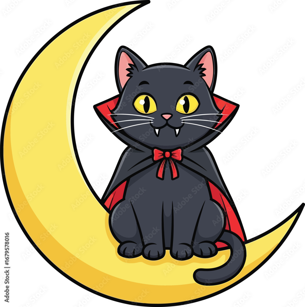 Fototapeta premium Cute black cat dressed as a vampire sitting on a crescent moon vector