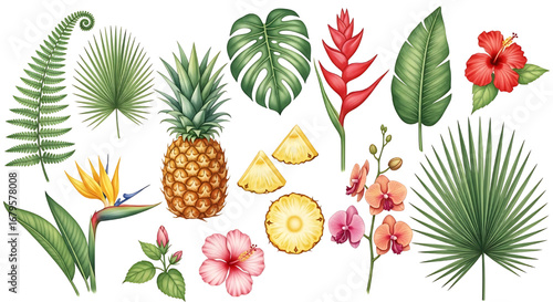  Tropical Set. Exotic flower hibiscus, orchid, monstera palm leaf and pineapple, ripe fruit. Jungle watercolor painting.