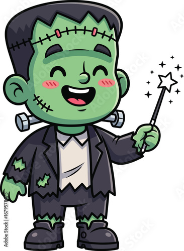 Adorable frankenstein monster character holding sparkler for halloween celebration vector
