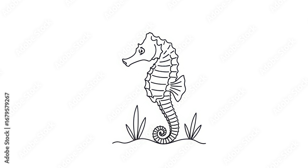 Fototapeta premium Detailed line drawing of a seahorse with aquatic plants a classic marine creature depicted gracefully in a simple yet elegant black and white style