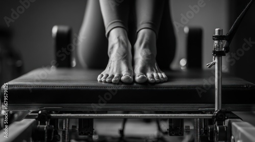 Close-up of bare feet on a Pilates reformer