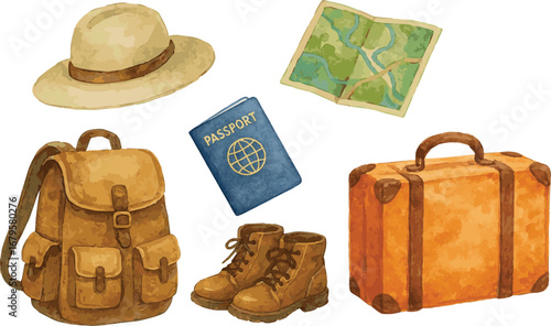 Collection of watercolor painted illustrations of traveller's stuff such as map, passport, suitcase and more