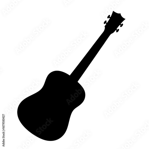 Striking silhouette of an acoustic guitar showcased against a stark white background