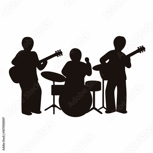 Silhouette of a musical band playing instruments and performing live music