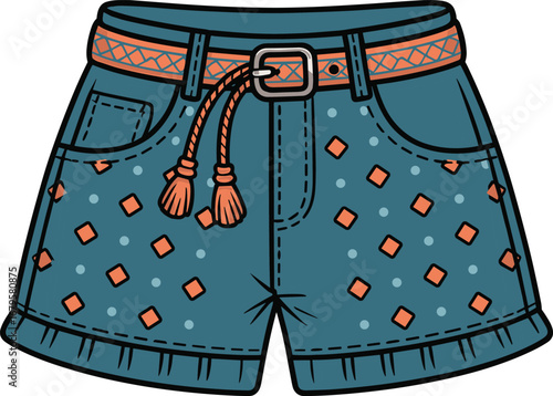 Blue denim shorts with orange belt, diamond pattern, tassel detail, summer fashion, casual wear, stylish clothing, textile design, trendy apparel illustration
