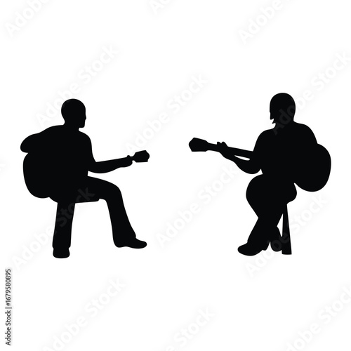 Two musicians playing acoustic guitars in silhouette against a white background