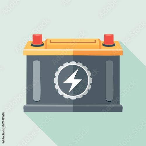 Flat vector icon of an automotive battery, featuring a lightning symbol. Represents essential electrical power, reliable vehicle starting, and efficient energy storage