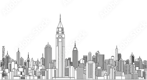 A detailed architectural sketch illustration of the iconic new york city skyline featuring famous   towers