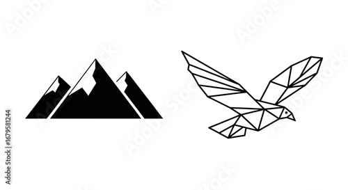 Geometric mountain range icon next to a polygonal eagle flying with wings spread open as a stylized illustration