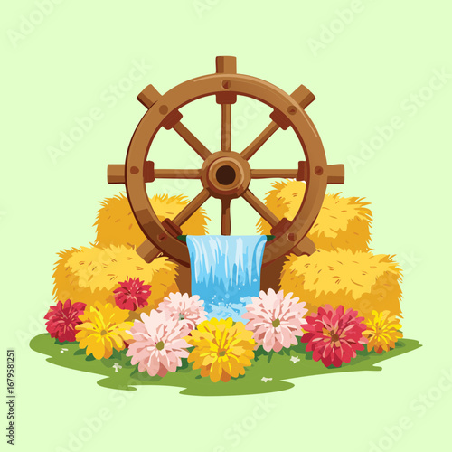 Old Wooden Water Wheel with a Haystack and Autumn Flowers